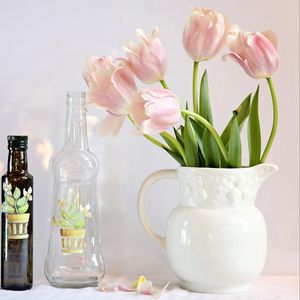 Preview wallpaper tulips, flowers, petals, jug, bottle