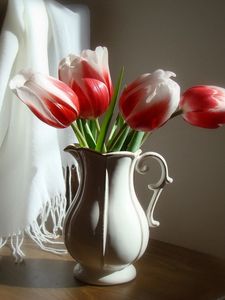 Preview wallpaper tulips, flowers, two-color, pitcher, chair, stole