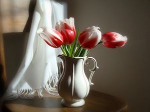 Preview wallpaper tulips, flowers, two-color, pitcher, chair, stole