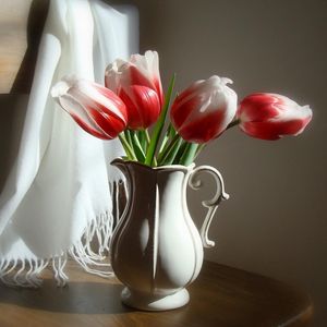 Preview wallpaper tulips, flowers, two-color, pitcher, chair, stole