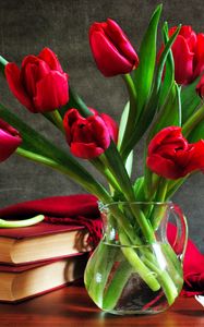 Preview wallpaper tulips, flowers, vase, books, petal, cape, table