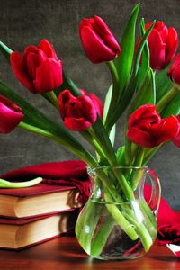 Preview wallpaper tulips, flowers, vase, books, petal, cape, table