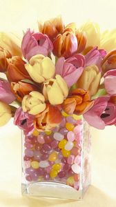 Preview wallpaper tulips, flowers, vase, stone, decorative