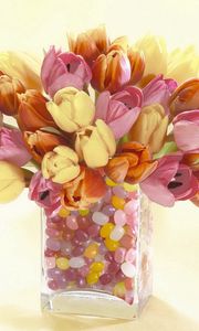 Preview wallpaper tulips, flowers, vase, stone, decorative