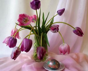 Preview wallpaper tulips, flowers, vase, fabric, egg, holiday, easter