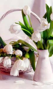 Preview wallpaper tulips, flowers, vase, basket, petals, tenderness