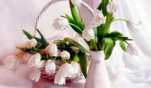 Preview wallpaper tulips, flowers, vase, basket, petals, tenderness