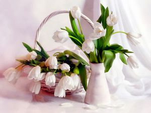 Preview wallpaper tulips, flowers, vase, basket, petals, tenderness