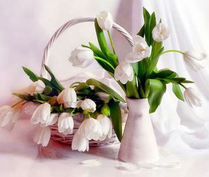 Preview wallpaper tulips, flowers, vase, basket, petals, tenderness