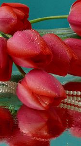 Preview wallpaper tulips, flowers, vase, lie, beads, drops, water, reflection