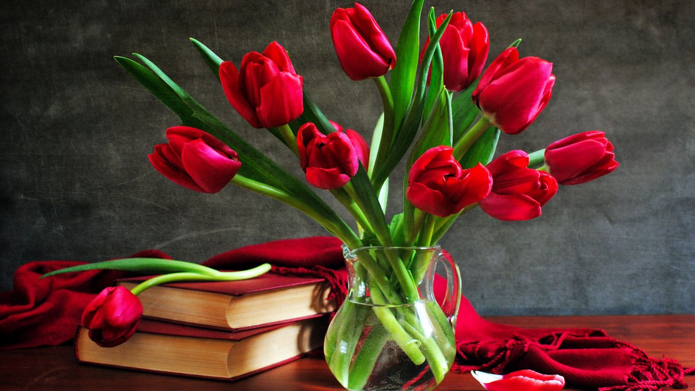 1366x768 Wallpaper tulips, flowers, vase, books, petal, cape, table