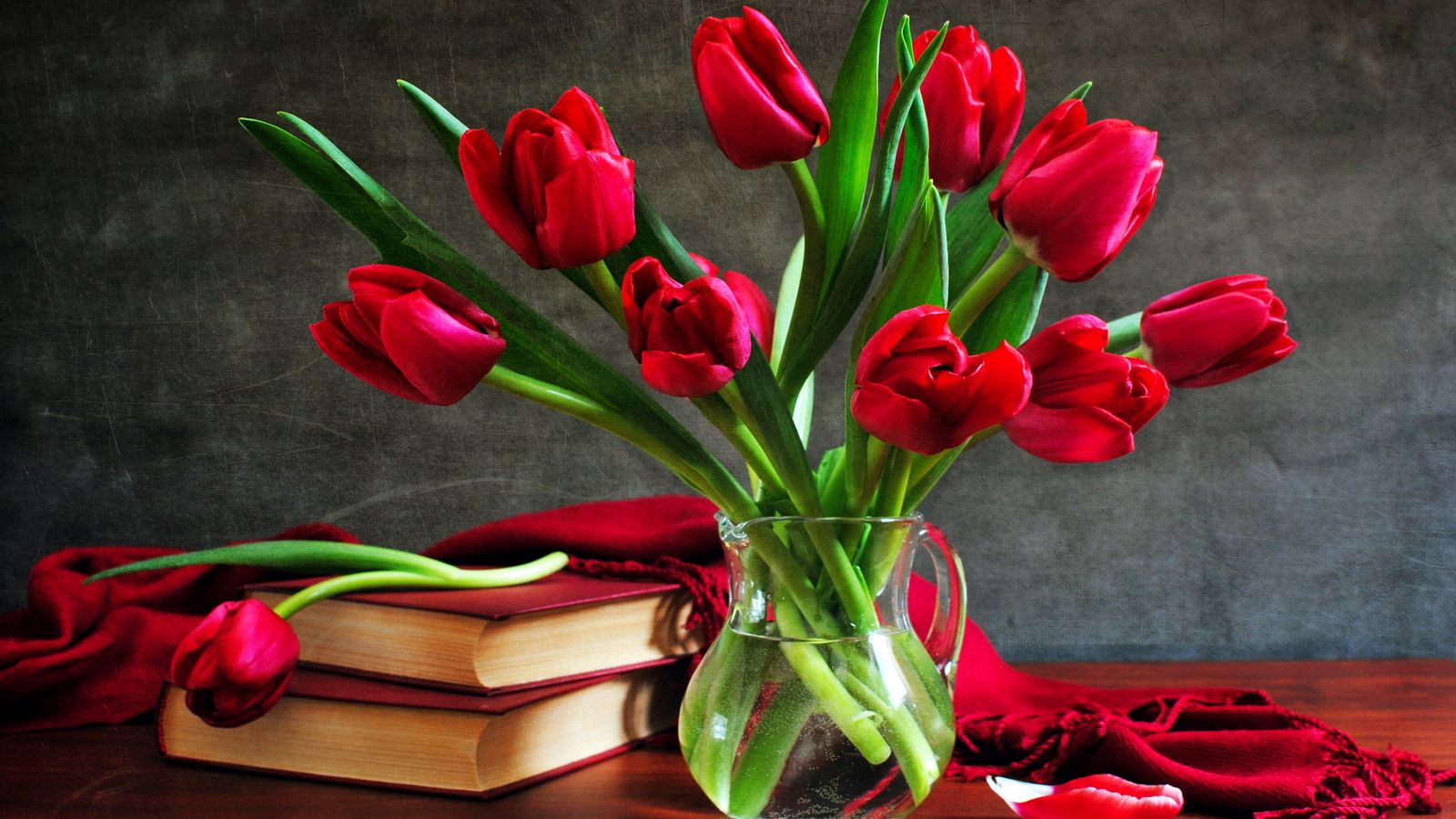 1600x900 Wallpaper tulips, flowers, vase, books, petal, cape, table