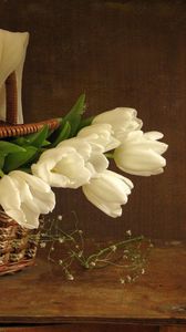 Preview wallpaper tulips, flowers, white, flower, basket, spring, scarf