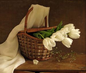 Preview wallpaper tulips, flowers, white, flower, basket, spring, scarf