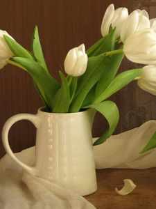 Preview wallpaper tulips, flowers, white, flower, pitcher, scarf, green