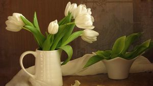 Preview wallpaper tulips, flowers, white, flower, pitcher, scarf, green