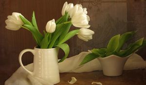 Preview wallpaper tulips, flowers, white, flower, pitcher, scarf, green