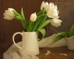 Preview wallpaper tulips, flowers, white, flower, pitcher, scarf, green