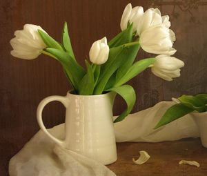 Preview wallpaper tulips, flowers, white, flower, pitcher, scarf, green