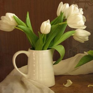 Preview wallpaper tulips, flowers, white, flower, pitcher, scarf, green