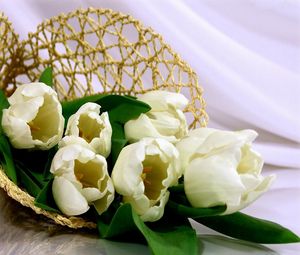 Preview wallpaper tulips, flowers, white, flower, weaving, bag