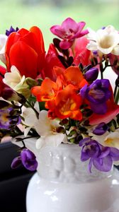Preview wallpaper tulips, freesia, flowers, bouquet, pitcher, window