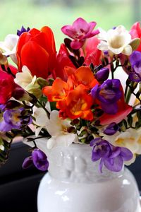 Preview wallpaper tulips, freesia, flowers, bouquet, pitcher, window