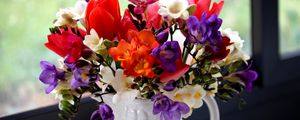 Preview wallpaper tulips, freesia, flowers, bouquet, pitcher, window