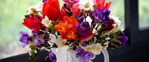 Preview wallpaper tulips, freesia, flowers, bouquet, pitcher, window