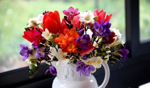 Preview wallpaper tulips, freesia, flowers, bouquet, pitcher, window