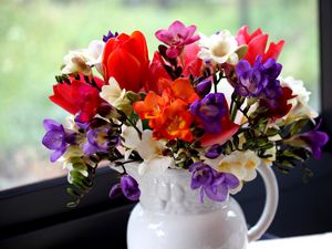 Preview wallpaper tulips, freesia, flowers, bouquet, pitcher, window