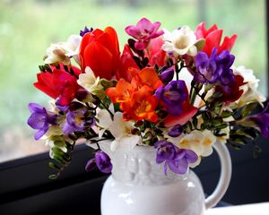 Preview wallpaper tulips, freesia, flowers, bouquet, pitcher, window