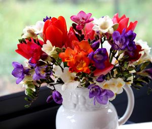 Preview wallpaper tulips, freesia, flowers, bouquet, pitcher, window