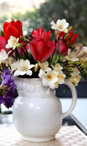 Preview wallpaper tulips, freesia, flowers, glass, jar, beauty