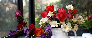 Preview wallpaper tulips, freesia, flowers, glass, jar, beauty