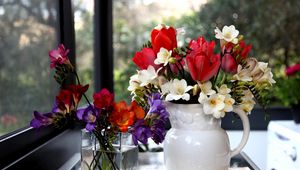 Preview wallpaper tulips, freesia, flowers, glass, jar, beauty