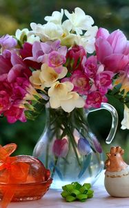 Preview wallpaper tulips, freesia, flowers, bouquet, jar, figurines, ornaments