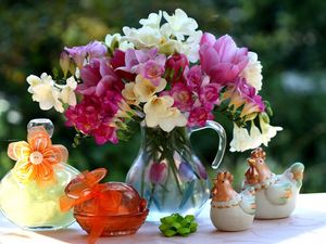 Preview wallpaper tulips, freesia, flowers, bouquet, jar, figurines, ornaments