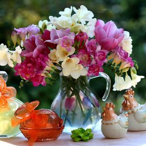 Preview wallpaper tulips, freesia, flowers, bouquet, jar, figurines, ornaments