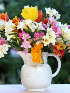 Preview wallpaper tulips, freesia, flowers, bouquet, jar, box