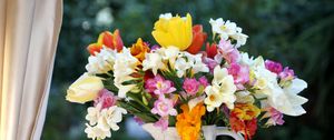 Preview wallpaper tulips, freesia, flowers, bouquet, jar, box