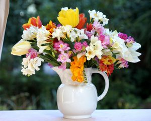 Preview wallpaper tulips, freesia, flowers, bouquet, jar, box