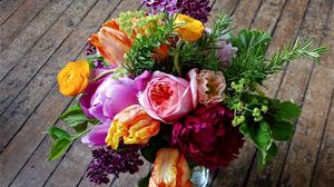 Preview wallpaper tulips, lilacs, ranunkulyus, bouquet, vase, floor