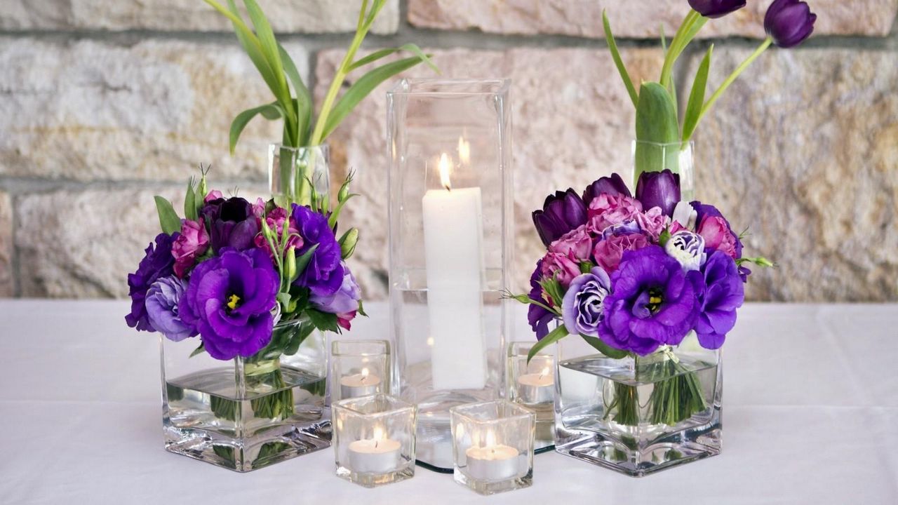 Wallpaper tulips, lisianthus russell, flowers, candles, beakers