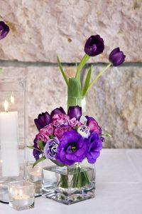 Preview wallpaper tulips, lisianthus russell, flowers, candles, beakers