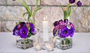 Preview wallpaper tulips, lisianthus russell, flowers, candles, beakers