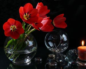 Preview wallpaper tulips, loose, flowers, vase, candle, fire