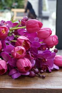 Preview wallpaper tulips, orchids, buds, leaves, flowers, bouquet, table