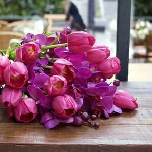 Preview wallpaper tulips, orchids, buds, leaves, flowers, bouquet, table