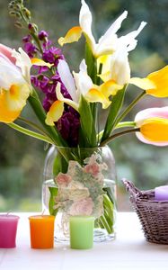 Preview wallpaper tulips, roses, irises, flowers, bouquets, vase, basket, candle